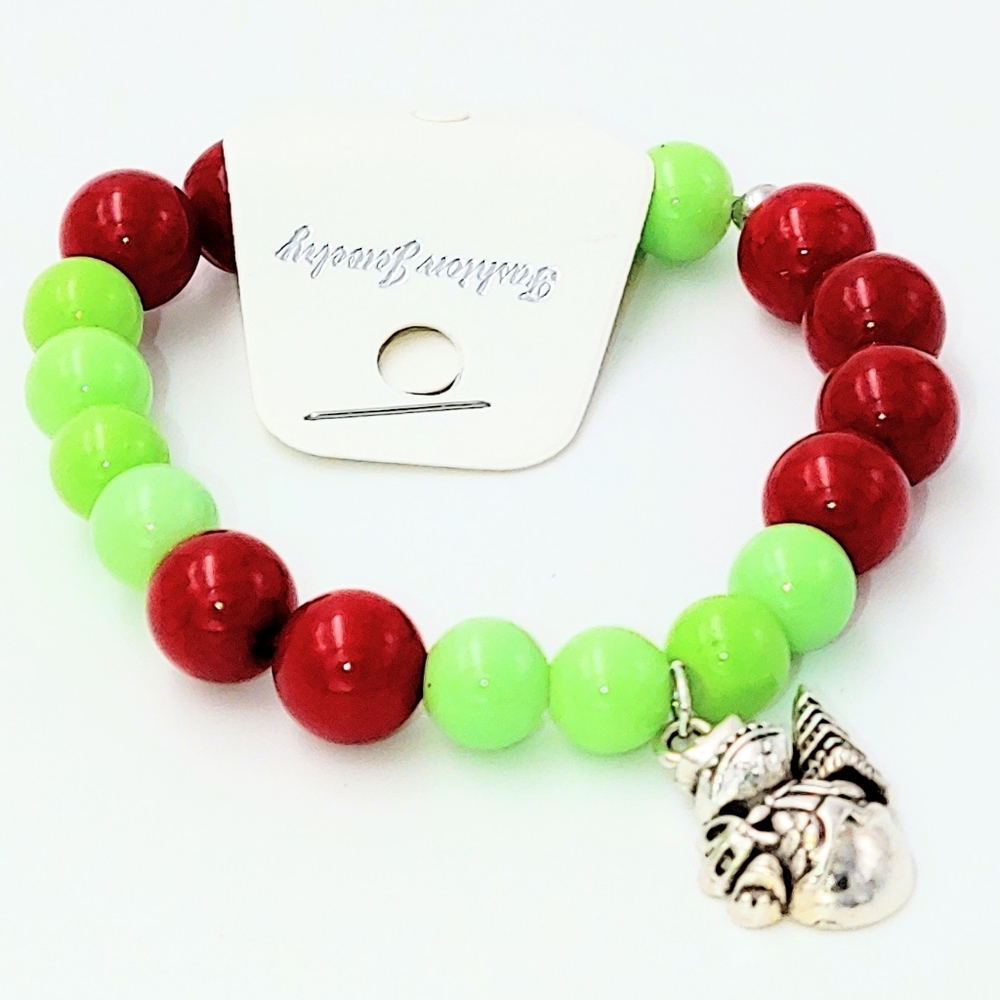 261B94. Red & Green Bracelet with a Snowman Charm